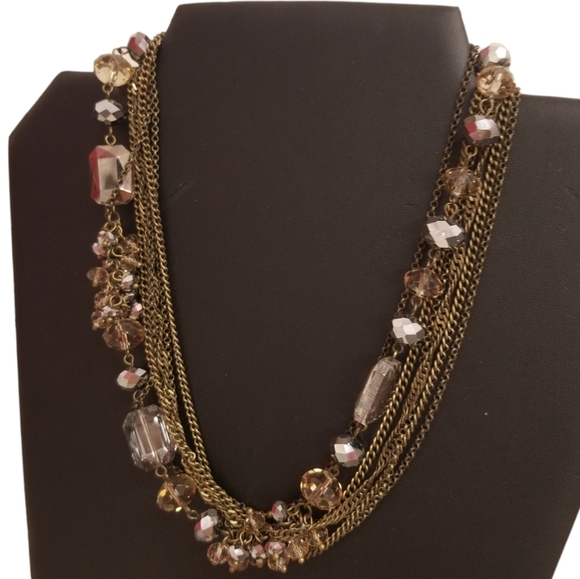 ANTIQUED BRASS LAYERED CHAIN NECKLACE WITH FACETED CHAMPAGNE GLASS BEADS - Picture 2 of 4